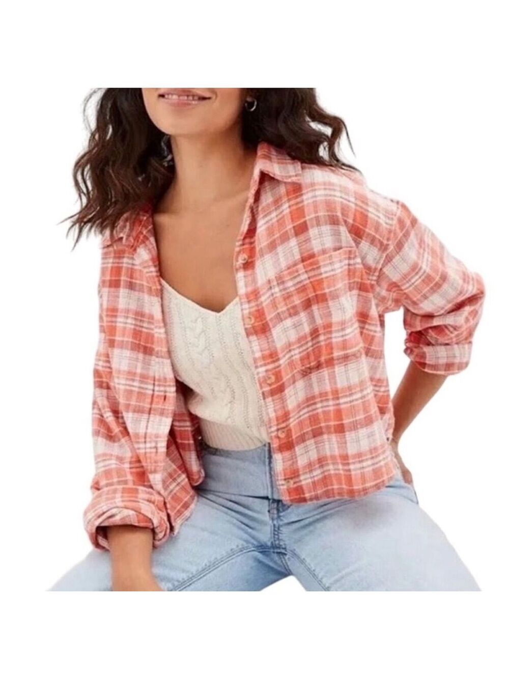 American Eagle Outfitters Orange Plaid Button Down Crop Flannel Top Size XS